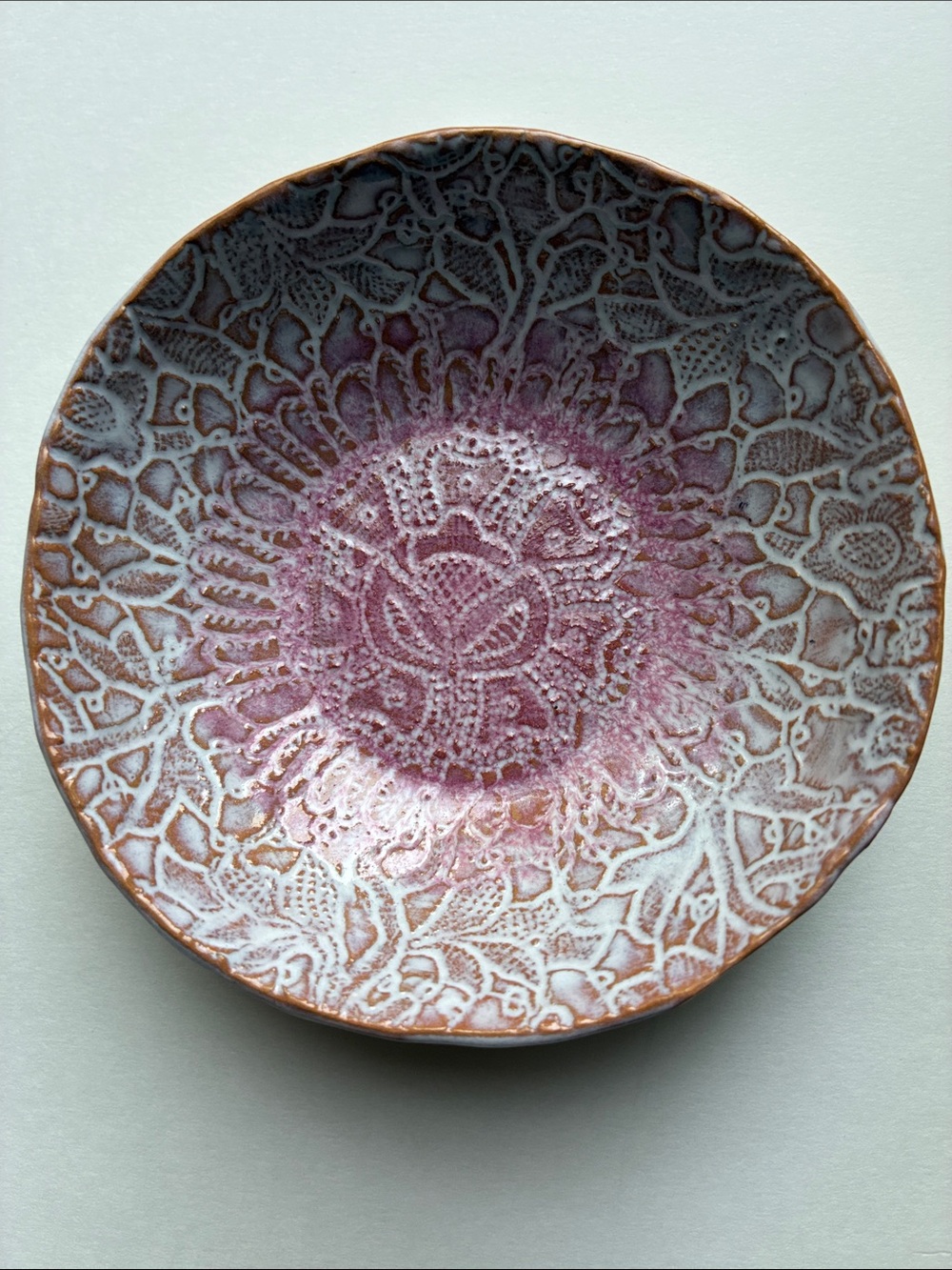 Handmade Clay Bowl Trinket Dish With Pink & White Glazed Interior